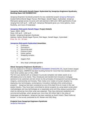 Janapriya Metropolis Sanath Nagar Hyderabad by Janapriya Engineers Syndicate, Booking Open Call 9248007333