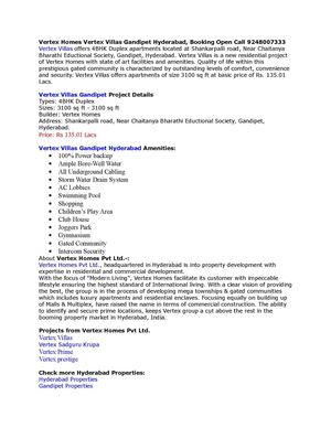 Vertex Homes Vertex Villas Gandipet Hyderabad, Booking Open Call 9248007333