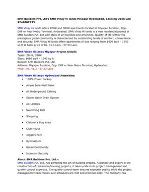 SMR Builders Pvt. Ltd’s SMR Vinay Hi lands Miyapur Hyderabad, Booking Open Call 9248007333