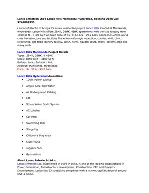 Lanco Infratech Ltd’s Lanco Hills Manikonda Hyderabad, Booking Open Call 9248007333