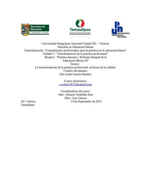La transformación de la práctica profesional, en busca de la calidad.