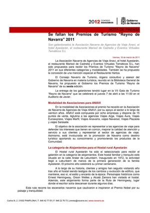 PREMIO DE NAVARRA DE TURISMO 2011 HOTEL AYESTARAN