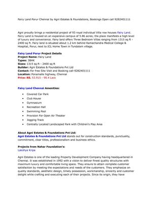 Fairy Land Porur Chennai by Agni Estates & Foundations, Bookings Open call 9282401111