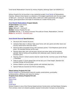 Coral Sands Medavakkam Chennai by Antony Projects, Bookings Open call 9282401111