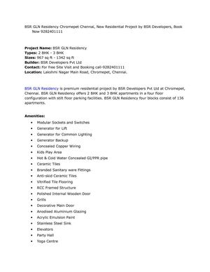 BSR GLN Residency Chromepet Chennai, New Residential Project by BSR Developers, Book Now 9282401111