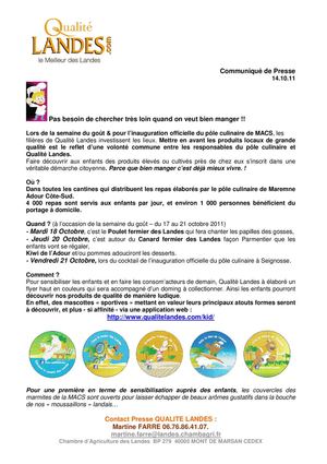 Communiqué de presse Qualité Landes semaine du goût 2011 dans les Landes