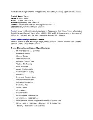 Trents Ekkaduthangal Chennai by Appaswamy Real Estate, Bookings Open call 9282401111