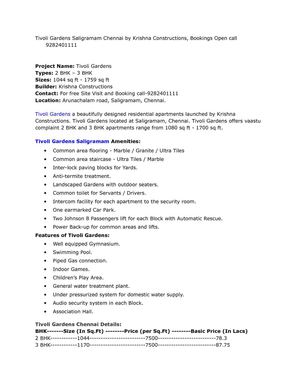 Tivoli Gardens Saligramam Chennai by Krishna Constructions, Bookings Open call 9282401111