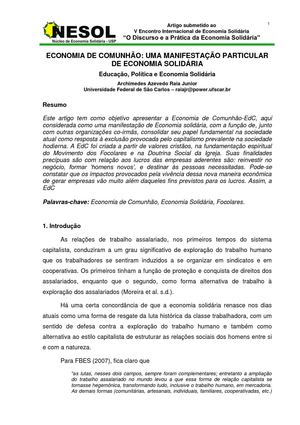 ECONOMIA DE COMUNHÃO: UMA MANIFESTAÇÃO PARTICULAR DE ECONOMIA SOLIDÁRIA