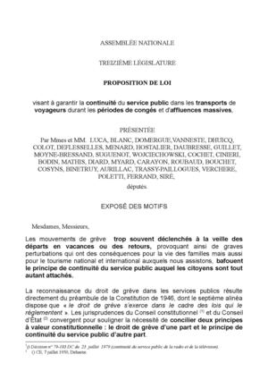 PPL visant à garantir la continuité du service public dans les transports de voyageurs durant les périodes de congés et d'affluences massives Lionnel LUCA