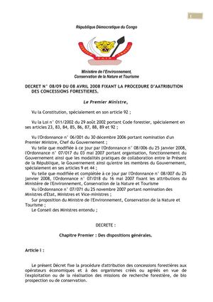 DECRET N° 08/09 DU 08 AVRIL 2008 FIXANT LA PROCEDURE D’AATRIBUTION DES CONCESSIONS FORESTIERES.