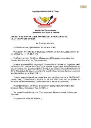 DECRET N°08/ 08 DU 08 AVRIL 2008 FIXANT LA PROCEDURE DE CLASSEMENT DES FORETS