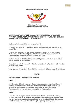 ARRETE MINISTERIEL N° 022/CAB/ MIN/ECN-T/JEB/2008 DU 07 Août 2008 FIXANT LA PROCEDURE D’AUTORISATION DE CESSION, DE LOCATION, ECHANGE OU DONATION DUNE CONCESSION FORESTIERE