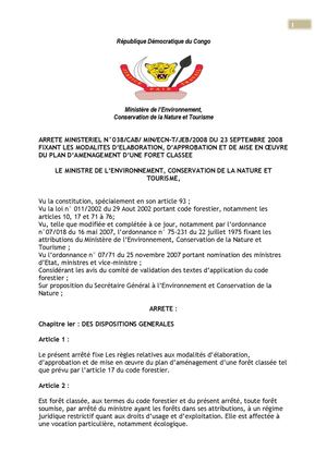 ARRETE MINISTERIEL N°038/CAB/ MIN/ECN-T/JEB/2008 DU 23 SEPTEMBRE 2008 FIXANT LES MODALITES D’ELABORATION, D’APPROBATION ET DE MISE EN OEUVRE DU PLAN D’AMENAGEMENT D’UNE FORET CLASSEE
