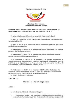 DECRET N°09/24 DU 21/05/2009 PORTANT CREATION, ORGANISATION ET FONCTIONNEMENT DU FOND NATIONAL EN ABREGE « F.F.N. »