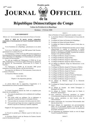 DECRET N°08/03 DU 26 JANVIER 2008 PORTANT COMPOSITION, ORGANISATION ET FONCTIONNEMENT DU CONSIEL CONSULTATIF NATIONAL DES FORËTS.