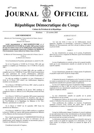 ARRETE INTERMINISTERIEL N° 006/CAB/MIN/ENV/2005 ET N° 108/CAB/MIN/FINANCES/2005 DU 25 JUILLET 2005 PORTANT FIXATION DES TAUX DES DROITS ET TAXES SUR LES ETABLISSEMENTS CLASSES DANGEREUX, INSALUBRES OU INCOMMODES A PERCEVOIR A L’INITIATIVE DU MINISTERE DE 