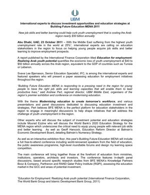 International experts to discuss investment opportunities and education strategies at Building Future Education MENA 2011