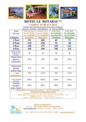 HOTEL LE ROTABAS SAINTE ANNE GUADELOUPE TARIFS PUBLICS 2012