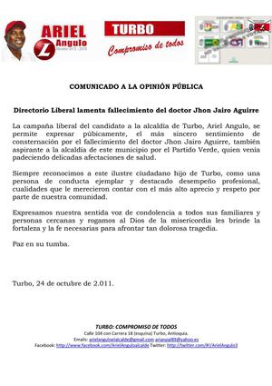 comunicado opinión fallecimiento Jhon Jairo Aguirre