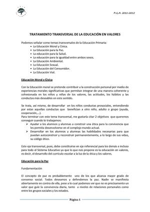 TRATAMIENTO TRANSVERSAL DE LA EDUCACIÓN EN VALORES