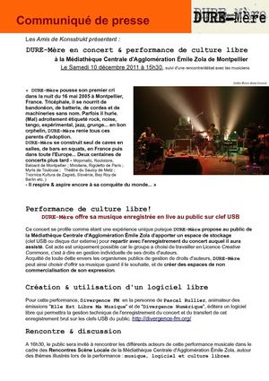 DURE-Mère concert à la Médiathèque Emile Zola Communiqué de presse