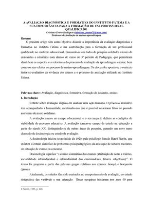 A AVALIAÇÃO DIAGNÓSTICA E FORMATIVA DO INSTITUTO FÁTIMA E A SUA IMPORTÂNCIA PARA A FORMAÇÃO DE UM PROFISSIONAL QUALIFICADO 