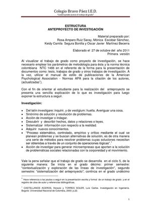 ESTRUCTURA DEL ANTEPROYECTO COLEGIO BRAVO PÁEZ I.E.D.