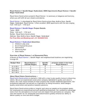 Royal Homes-1 Gandhi Nagar Hyderabad, 3BHK Apartments Royal Homes-1 Gandhi Nagar Hyderabad
