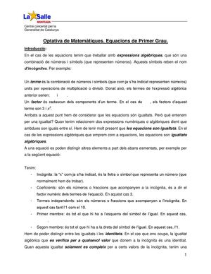 Optativa de Matemàtiques. Equacions de Primer Grau.