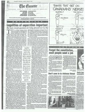 9 January 1995 Montreal Gazette: "Legalities of Separation Important but more crucial questions are being glossed over" Editorial (Goldbloom, Fraser)
