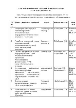 План творческой группы "Предшкольная пора"