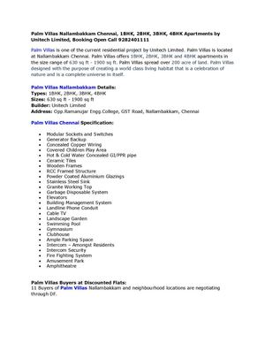 Palm Villas Nallambakkam Chennai, 1BHK, 2BHK, 3BHK, 4BHK Apartments by Unitech Limited, Booking Open Call 9282401111