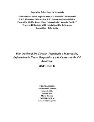 Plan Nacional De Ciencia, Tecnología e Innovación, Enfocado a la Nueva Geopolítica y a la Conservación del Ambiente