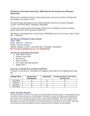 Adi Sarovar Hafeezpet Hyderabad, 3BHK Apartments Adi Sarovar Hafeezpet Hyderabad