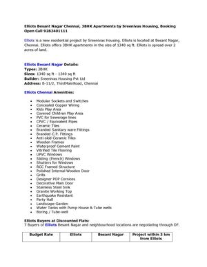 Elliots Besant Nagar Chennai, 3BHK Apartments by Sreenivas Housing, Booking Open Call 9282401111