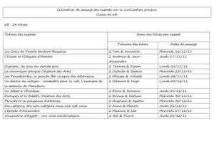 Calendrier des passages oraux pour les exposés sur la civilisation grecque.
