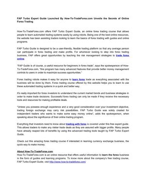 FAP Turbo Expert Guide Launched By How-To-TradeForex.com Unveils the Secrets of Online Forex Trading