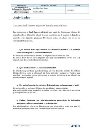 UNIR. Actividad tema 1. Real Decreto 1630/06. Enseñanzas mínimas 