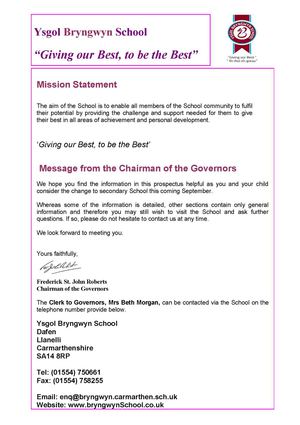 Ysgol Bryngwyn School Prospectus Backing Documentation