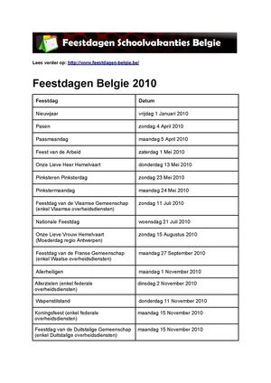 Feestdagen 2010 Belgie - Exacte datums op kalender