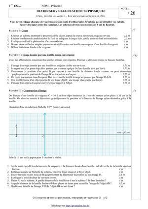 DS 2 - Première ES / L - L'œil, du réel au modèle - Les mécanismes optiques de l'œil (version a)