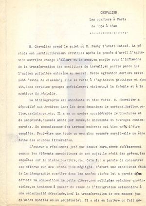 Rapport d'Henri Hauser sur le Mémoire de DES de Louis Chevalier tapé à la machine à écrire