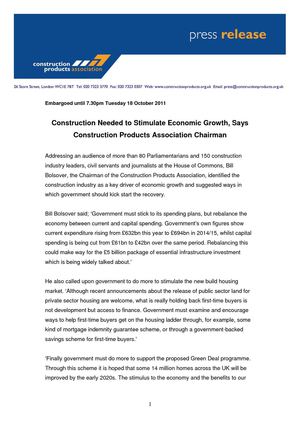 Construction Needed to Stimulate Economic Growth, Says Construction Products Association Chairman