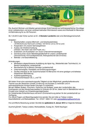 Stellenangebot: BETRIEBSLEITER Landwirtschaft Demeter - Auenhof