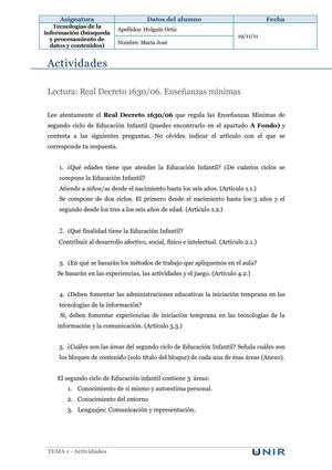 Actividades lectura Real Decreto 1630/06. Enseñanzas mínimas