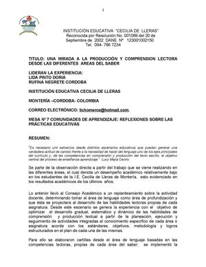  UNA MIRADA A LA PRODUCCIÓN Y COMPRENSION LECTORA 