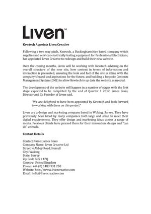 Kewtech Appoints Liven Creative