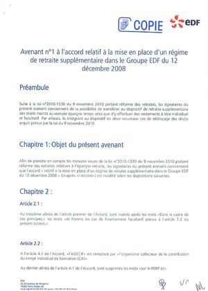 Avenant n° 1 à l'accord relatif à la mise en place d'un régime de retraite supplémentaire Gpe EDF du 12 déc 2008