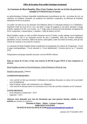 Location atelier artisanat Mont-Dauphin